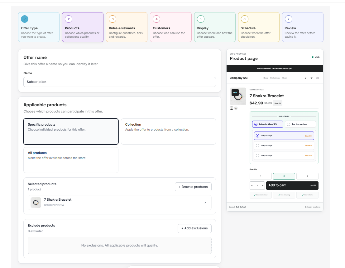 The offer builder's Applicable products step: the Specific products, Collection and All products source cards, and below them the Selected products list with one product and a Browse products button
