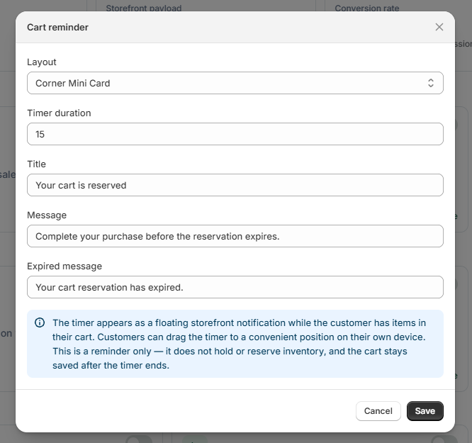 Cart reminder settings