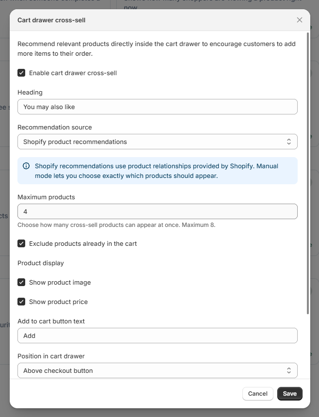The Cart drawer cross-sell settings: heading, recommendation source, maximum products, product display, button text and position