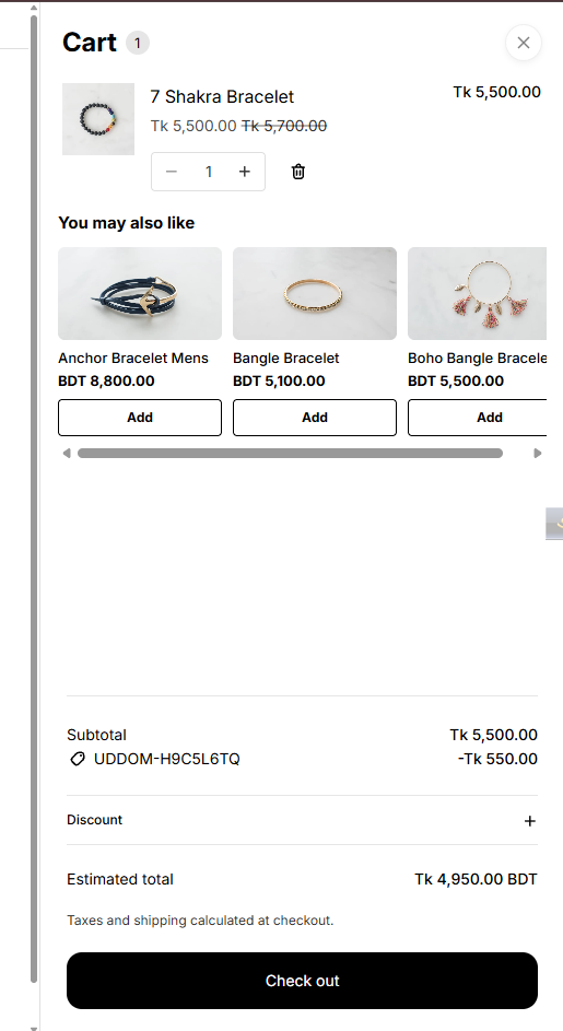 The cart drawer open on the storefront: the cart item with its price, and a You may also like row of cross-sell products, each with an Add button