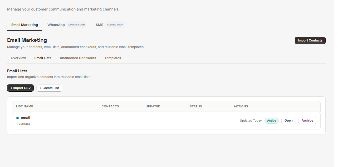 The Email Lists tab: Import CSV and Create List, and the lists table with List name, Contacts, Updated, Status and per-list actions
