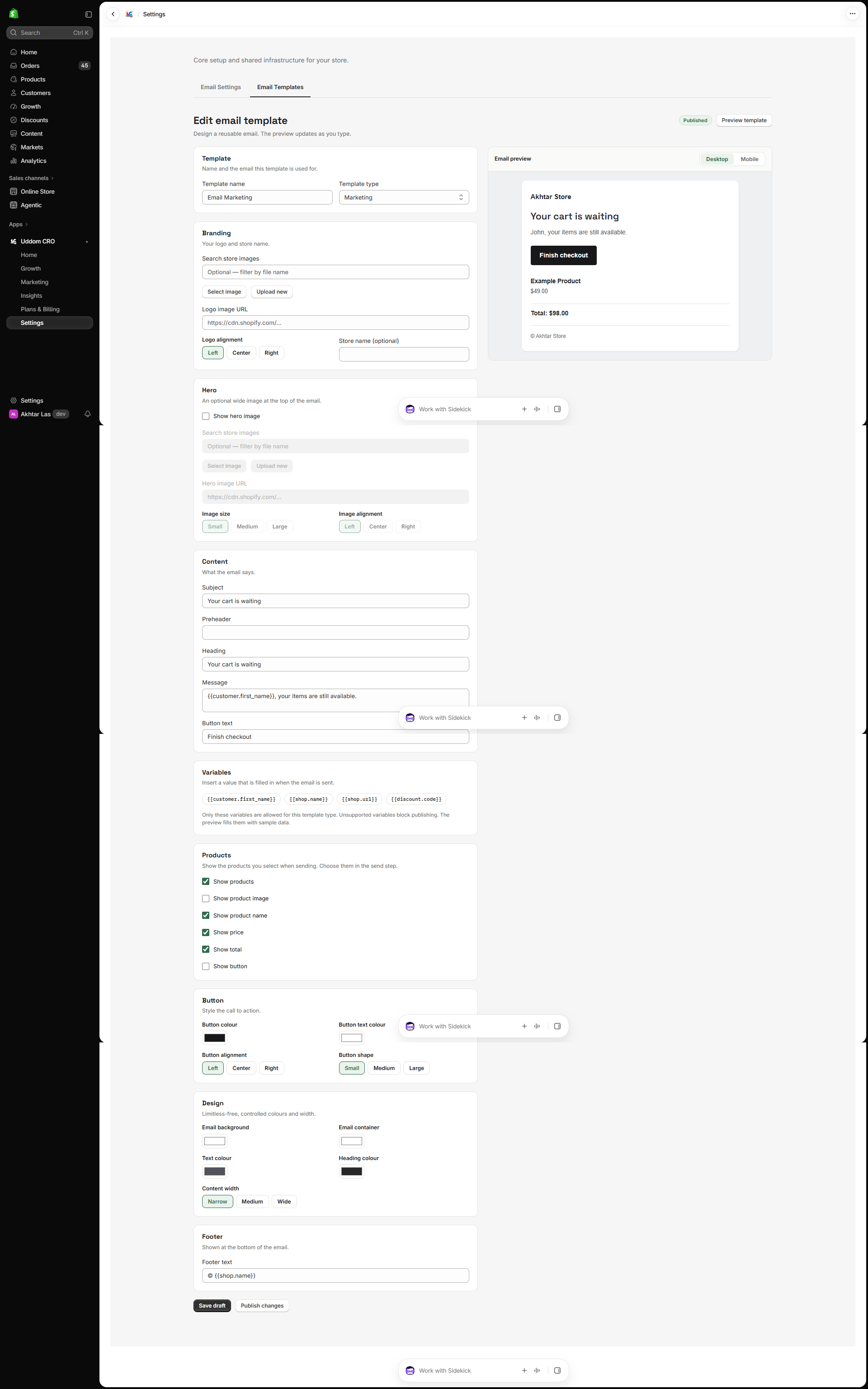 The Edit email template page: the Template, Branding, Hero, Content, Variables, Products, Button, Design and Footer sections on the left, and the live email preview with its Desktop and Mobile toggle on the right