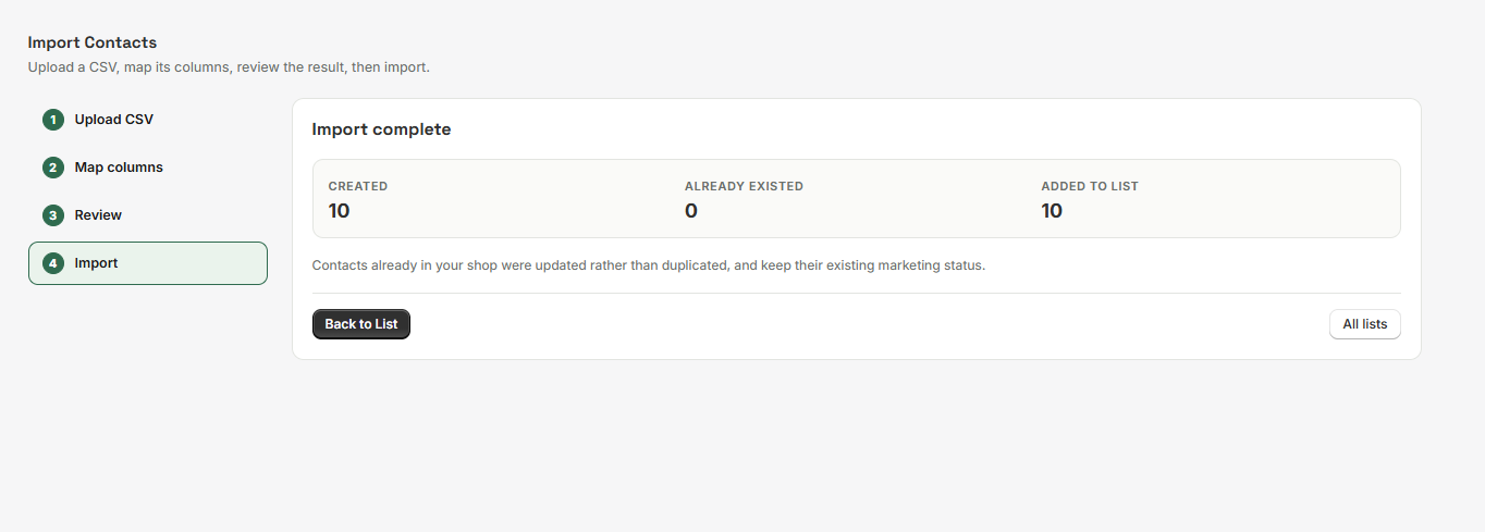 The Import Contacts wizard's Import complete step: the Created, Already existed and Added to list counts, and the Back to List and All lists buttons