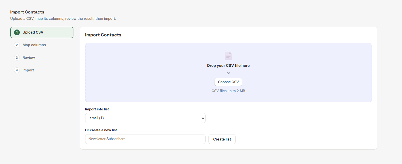 The Import Contacts wizard: the Upload CSV, Map columns, Review and Import steps, the CSV drop zone with a Choose CSV button, and the Import into list and Or create a new list controls