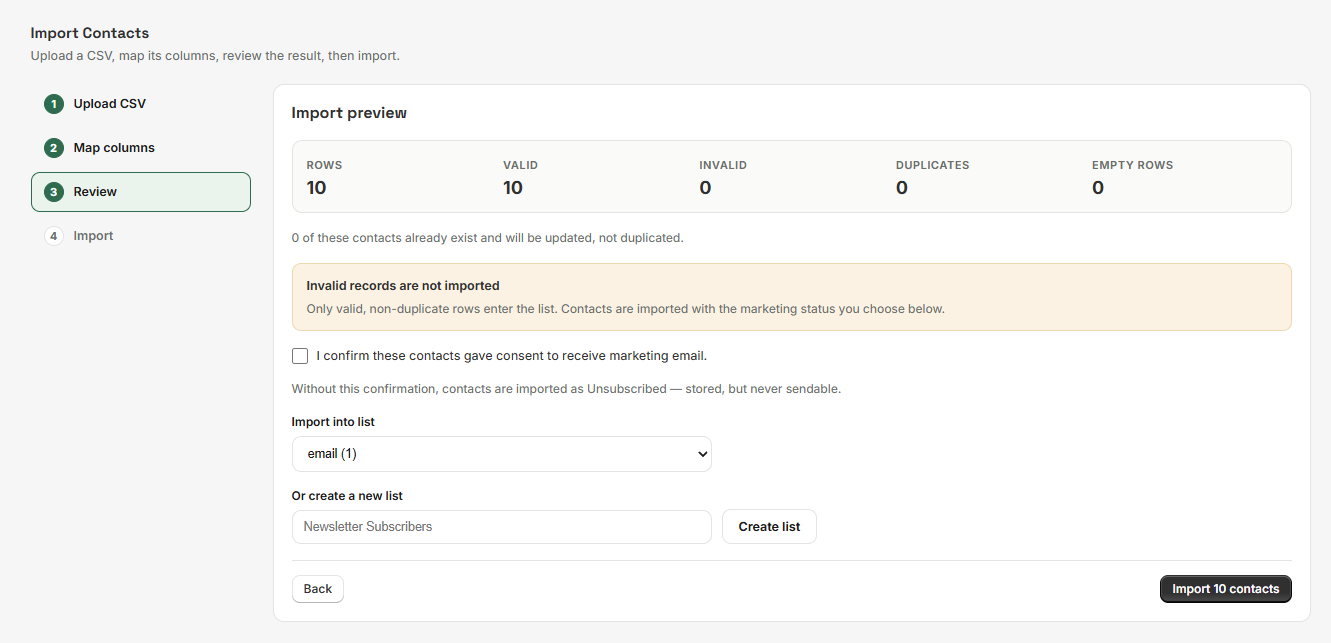 The Import Contacts wizard's Review step: the Import preview counts for Rows, Valid, Invalid, Duplicates and Empty rows, the consent confirmation, and the list to import into