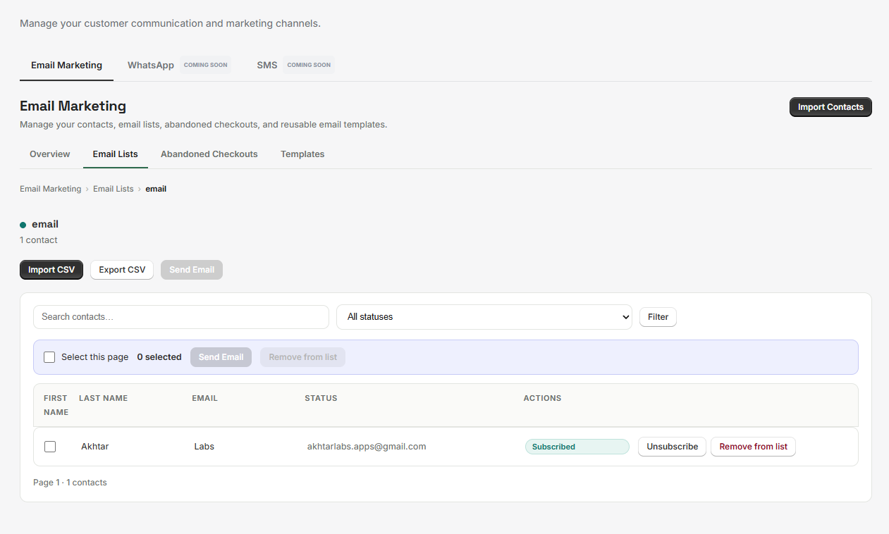 One list's contacts page: the search and status filter, the bulk actions bar, and the contact rows with First name, Last name, Email, Status and per-contact actions