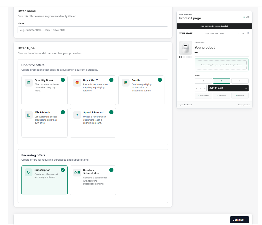 The offer builder's Offer type step, with the one-time offers and the recurring offers