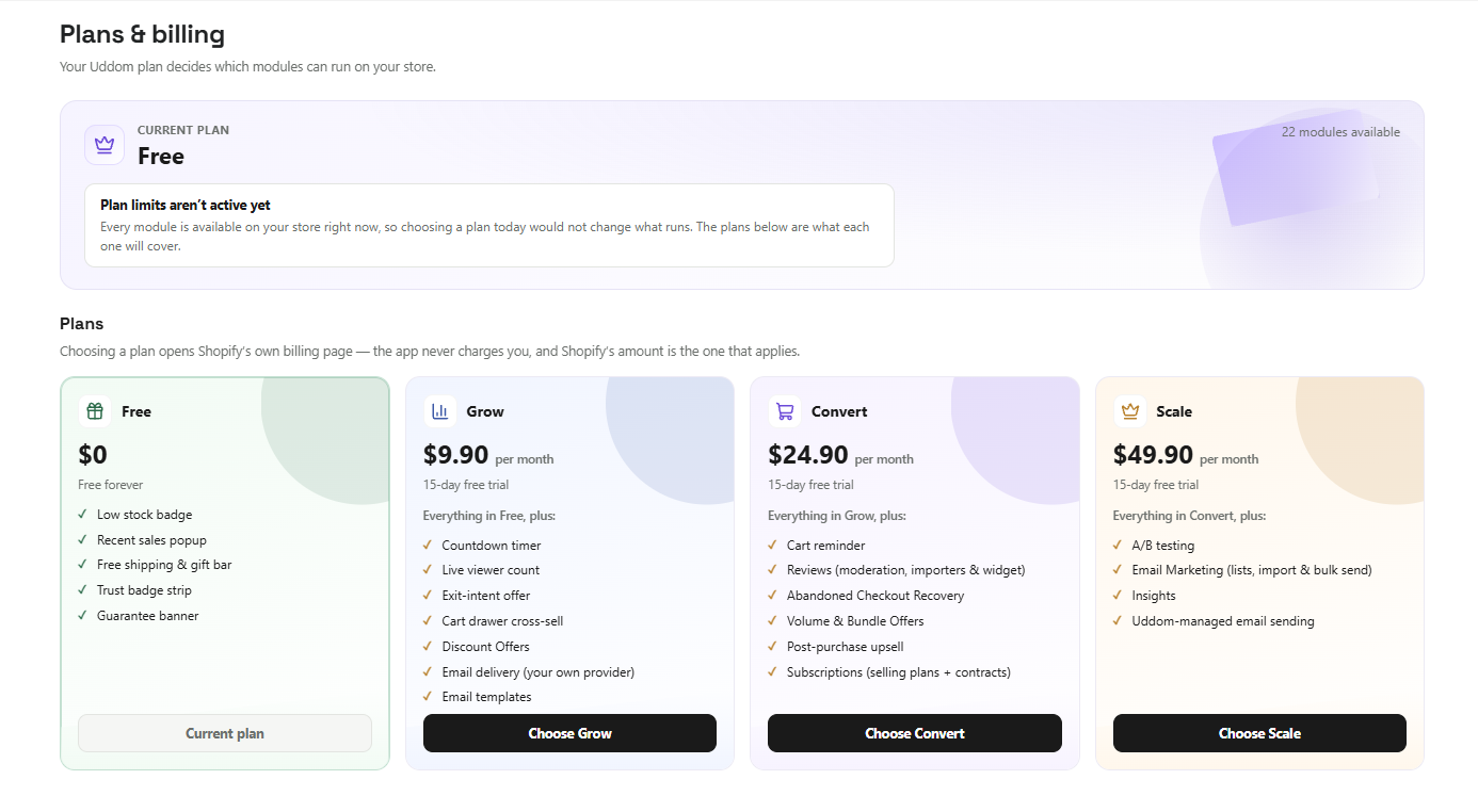 The Plans & billing page: the current plan banner, and the Free, Grow, Convert and Scale plan cards with their prices and the features each one includes