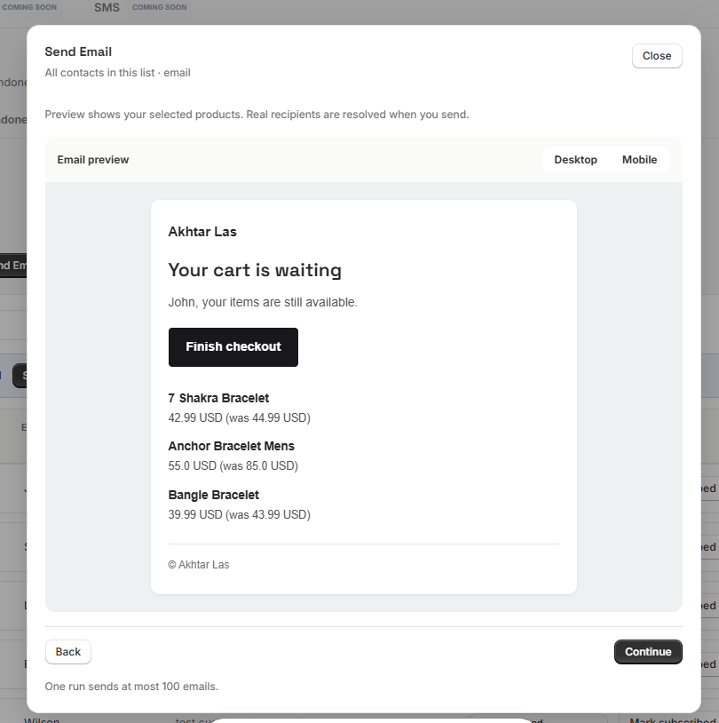 The Send Email wizard's preview: the email rendered in a Desktop or Mobile preview, with the chosen products and a Continue button