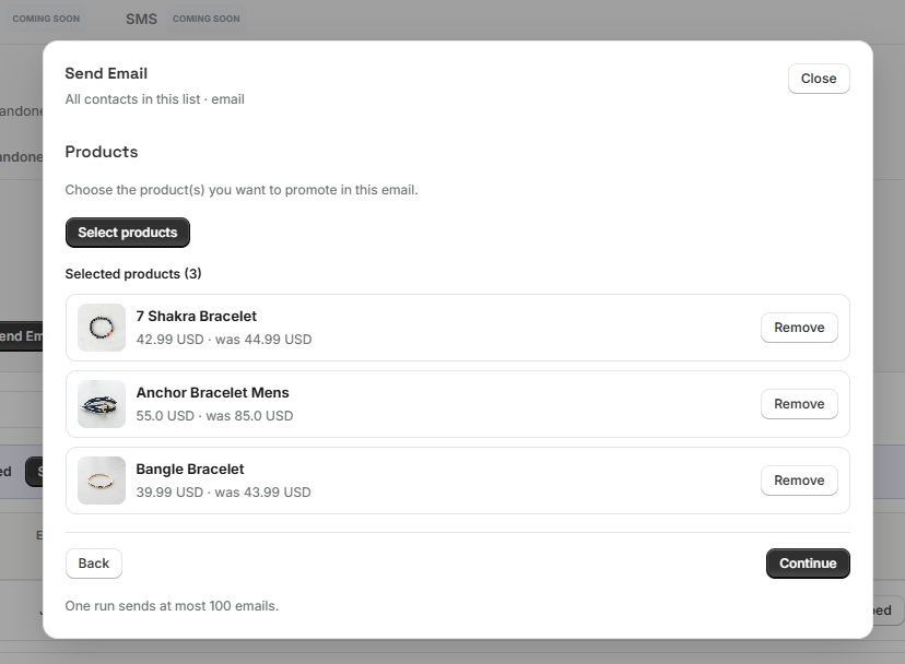 The Send Email wizard's Products step: Select products, and the selected products with their prices and a Remove button