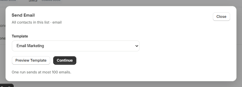The Send Email wizard's Template step: choose the template to send, with Preview Template and Continue