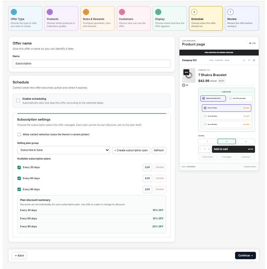 The offer builder's Schedule step: Subscription settings with the selling plan group, the available plans and their discount summary